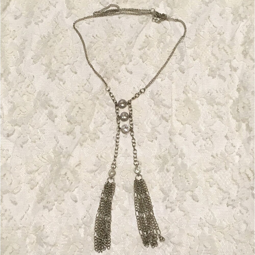 Vintage Tassel Lariat Long Chain Pendant Necklace Open Bezel Silvertone Layered